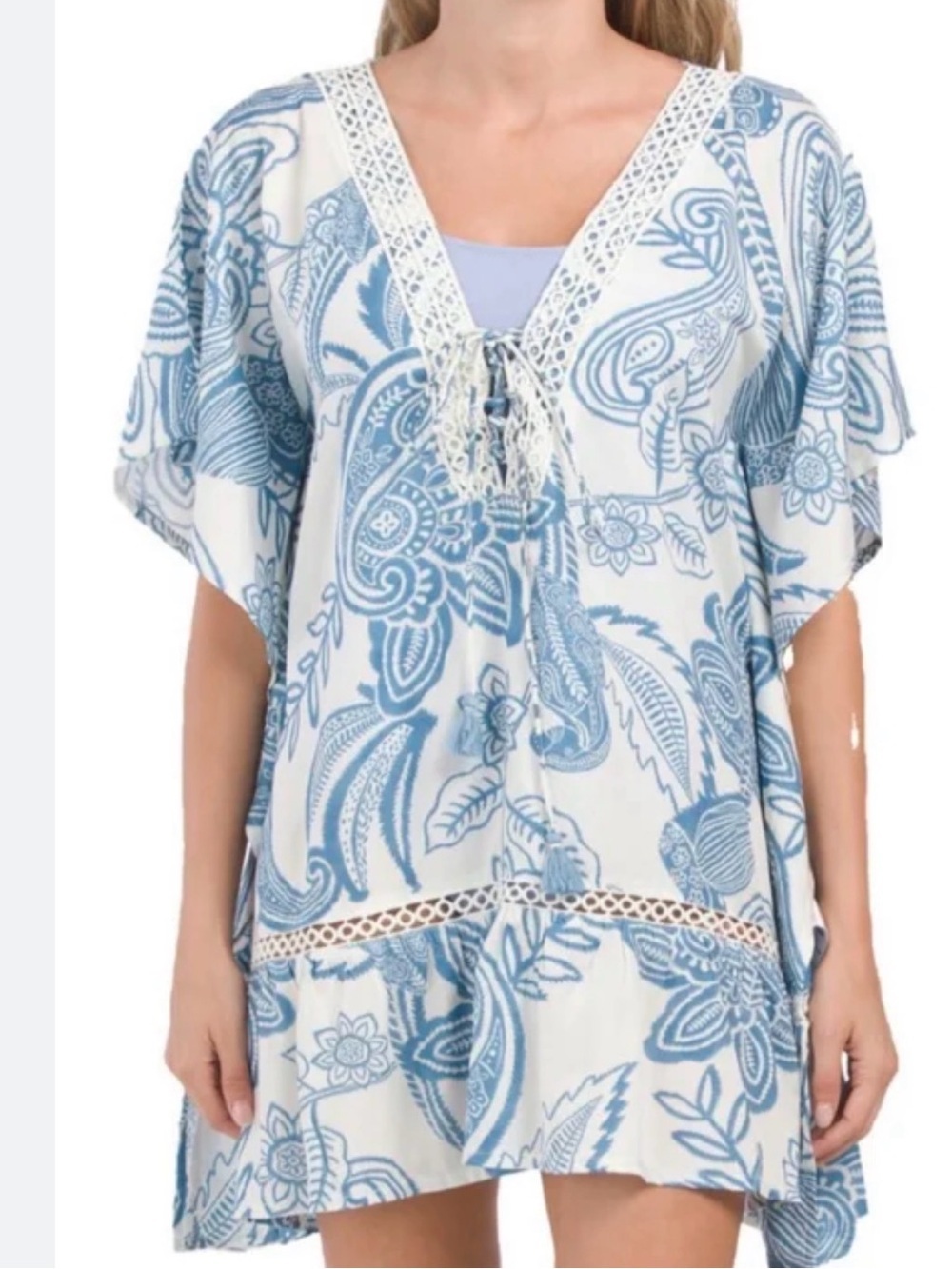 Z&L Europe Kerala cover-up features a blue paisley print with white crochet